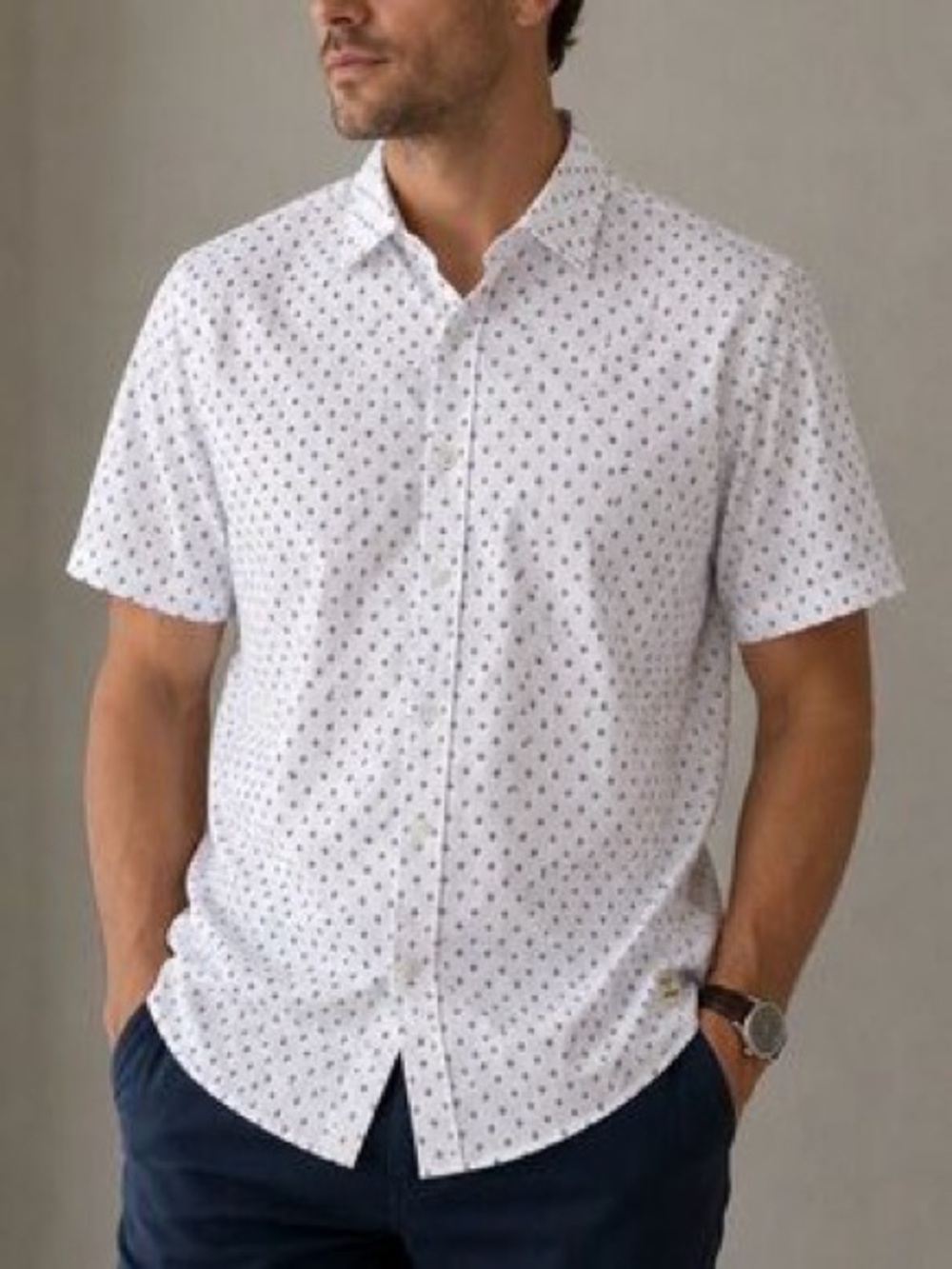Lucky Brand Short Sleeve Button-Up Shirt in White with fleur de lis Print